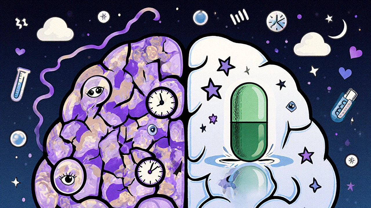 A stained-glass brain with chaotic dreams on one side and calm clarity on the other, representing statin effects.