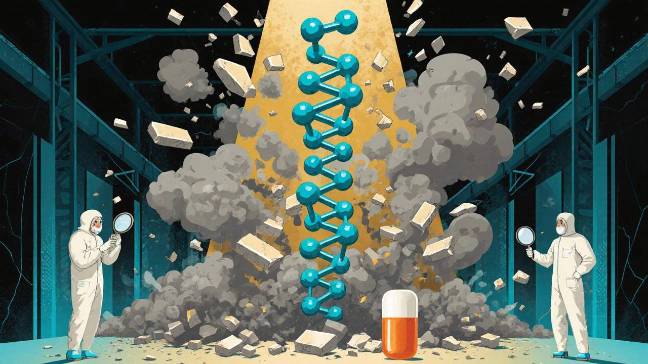 A towering biologic molecule beside a tiny pill, surrounded by failed batches and cleanroom technicians.