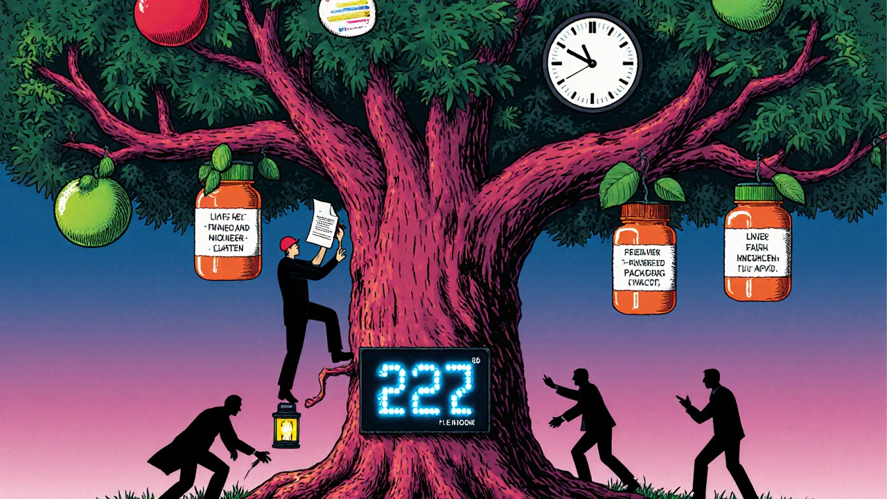 A tree with pill bottle fruits representing tender criteria, an SME climber holding ESPD, and digital clock ticking to 2027.