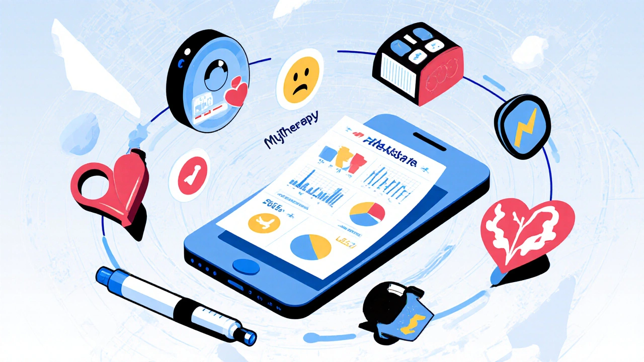 Central smartphone showing medication dashboards with floating medical icons in stylized design.
