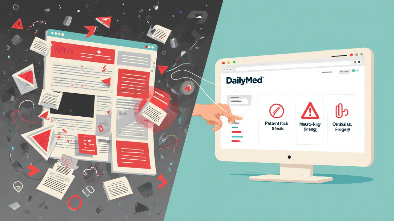 Chaotic ad-filled website contrasted with clean medical info screen in stylized poster art.