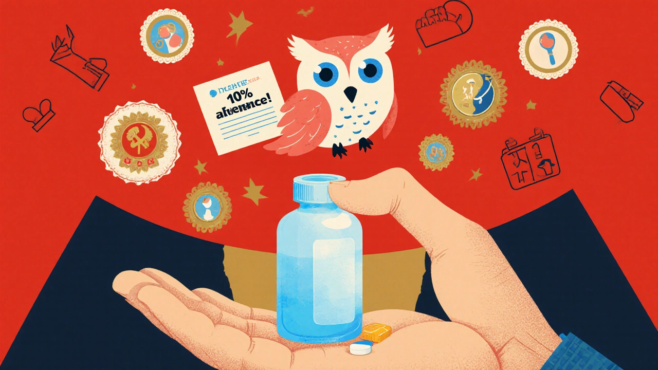 Elderly hand placing pill into glowing smart bottle as AI owl delivers adherence reward.