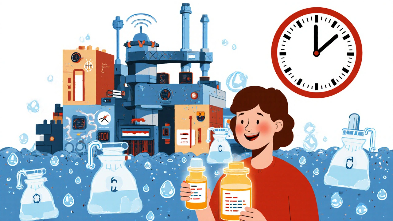 Modular biomanufacturing plant with biosimilar and original vials, in stylized poster art.