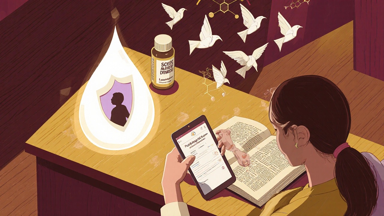 Mother reading LactMed on tablet as milk droplet becomes protective shield over baby, with molecular shapes floating up.