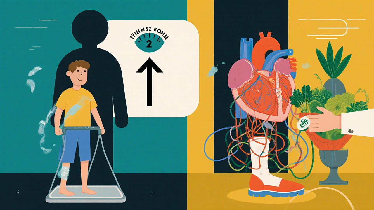 Patient weighing in with fluid retention shown as shadowy tubes, contrasted with a healthy heart receiving nutritious food.