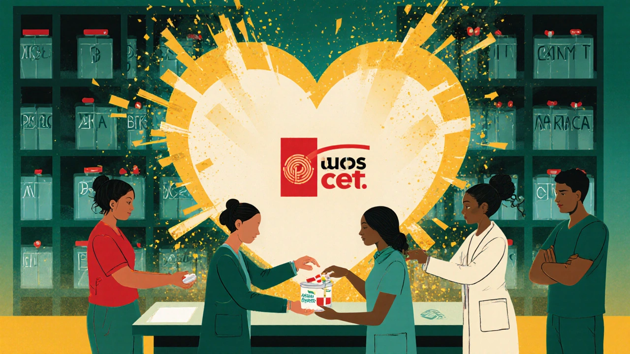 Patients receiving generic meds from a heart-shaped pharmacy as patent barriers crumble behind them.