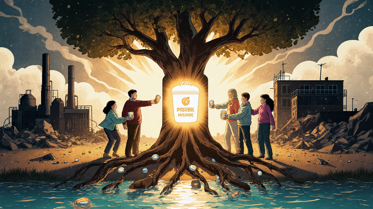 People deposit pills into a tree-shaped disposal bin, while polluted factories crumble and a clean river flows below.