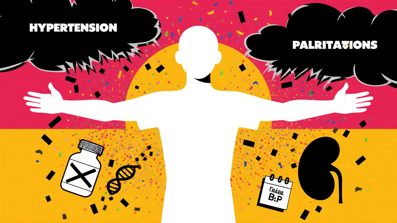 Person standing in relief after surgery, storm clouds breaking into confetti with normal blood pressure icons.