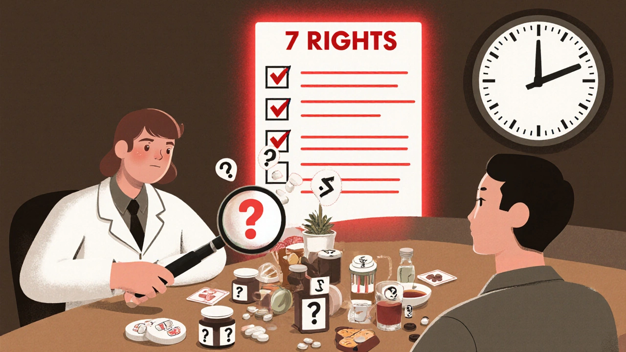 Pharmacist and patient reviewing medications under a magnifying glass with a 6-month clock and 7 Rights checklist.