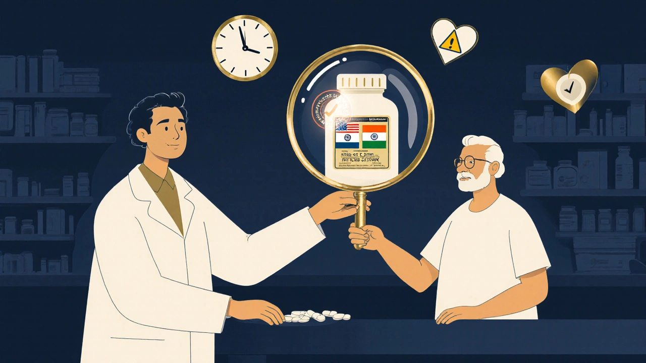 Pharmacist handing a pill bottle to elderly patient, with hidden U.S. and India flags visible under magnifying glass.