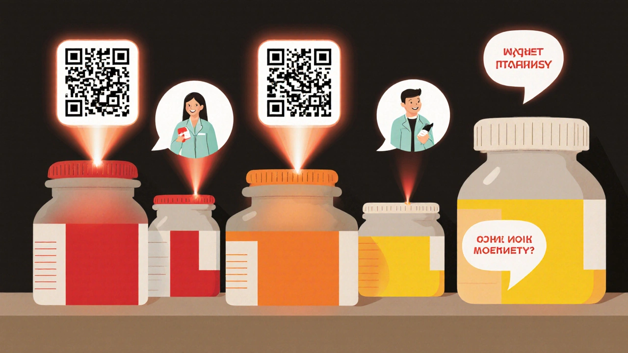 Pharmacy bottles with colored auras and floating QR codes projecting interactive health explanations.