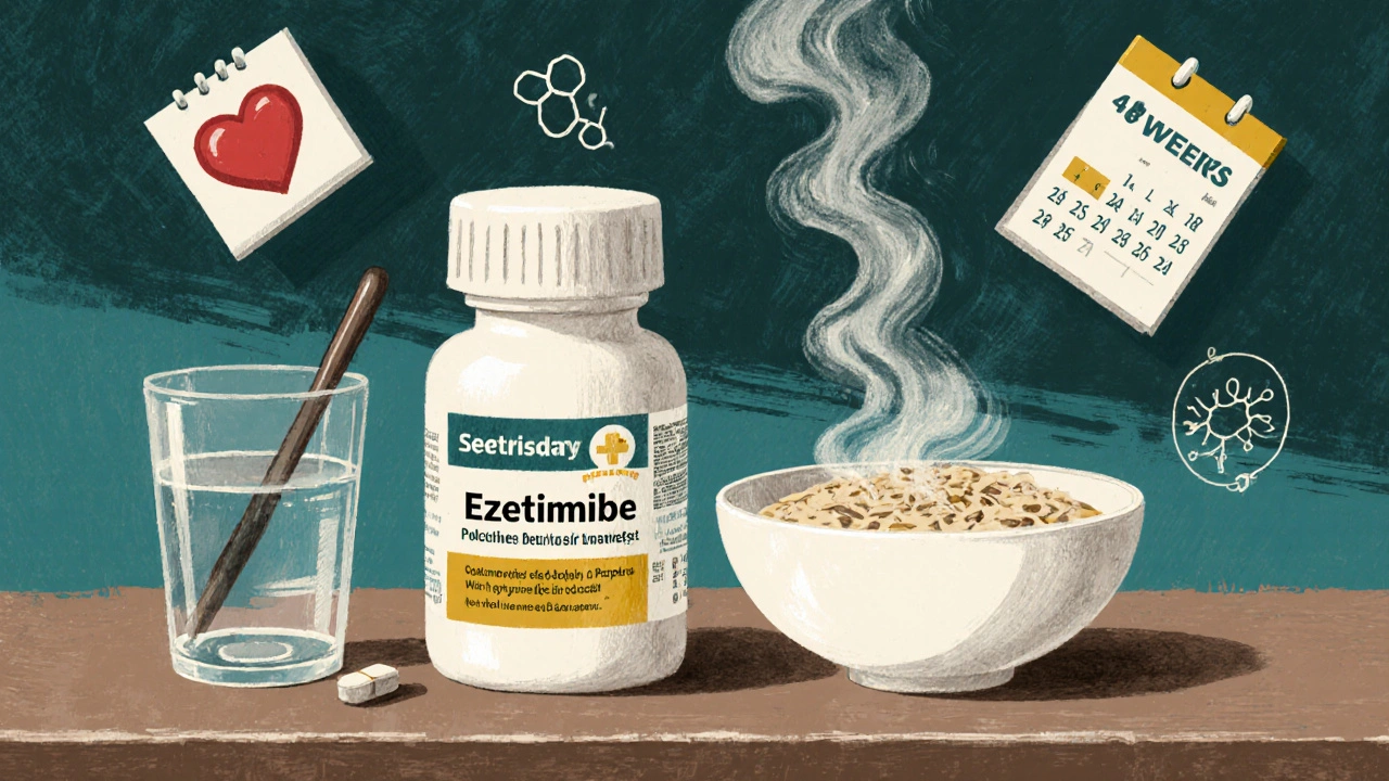 Pharmacy counter with ezetimibe pill, oatmeal, water, and probiotic, symbolic health icons in background.