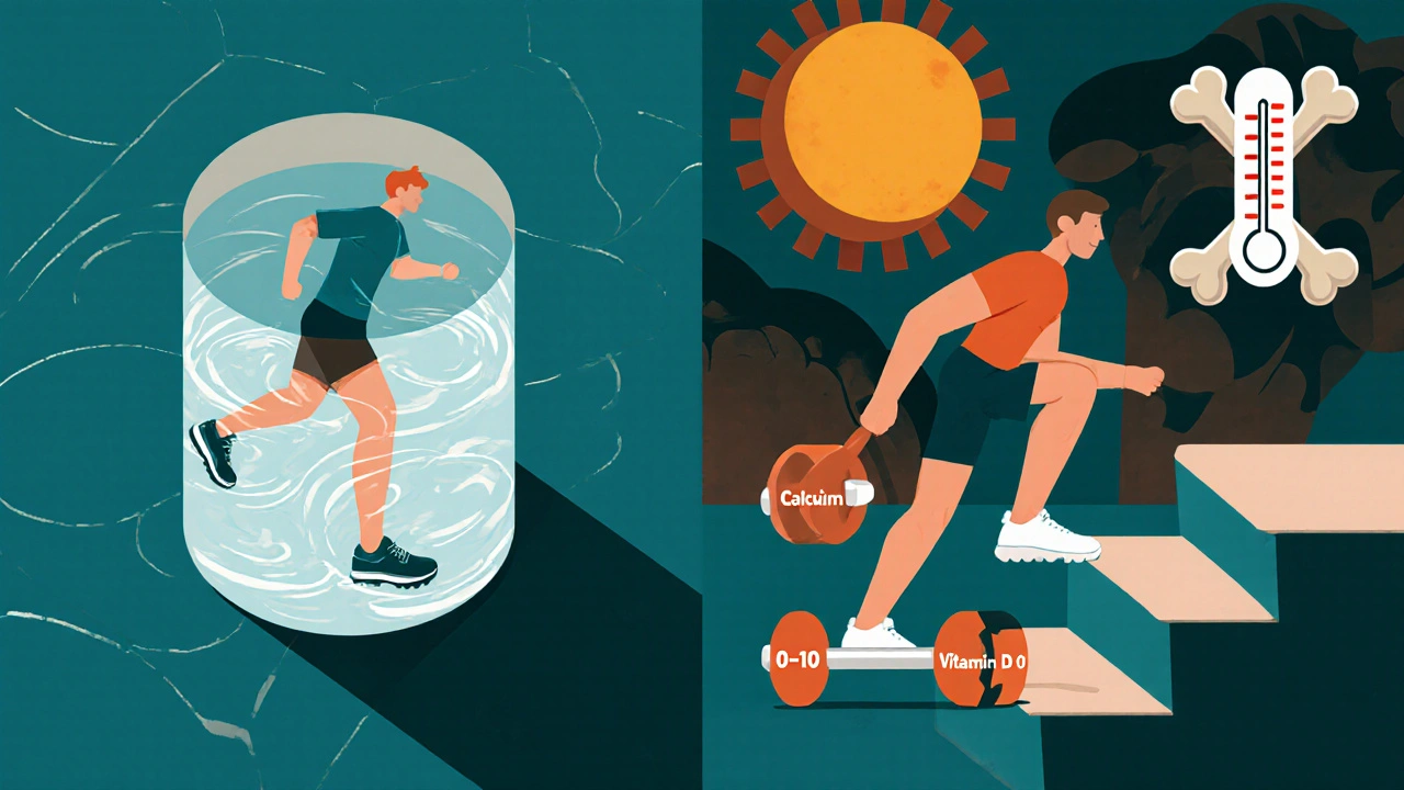 Runner doing pool running and heel raises with nutritional elements floating nearby, geometric background.