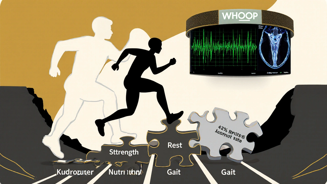 Runner stepping on recovery puzzle pieces as past self falls into re-injury pit, WHOOP and MRI above.