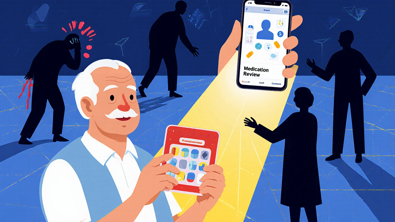 Senior standing confidently beside pill organizer as dangerous side effects retreat in shadow.