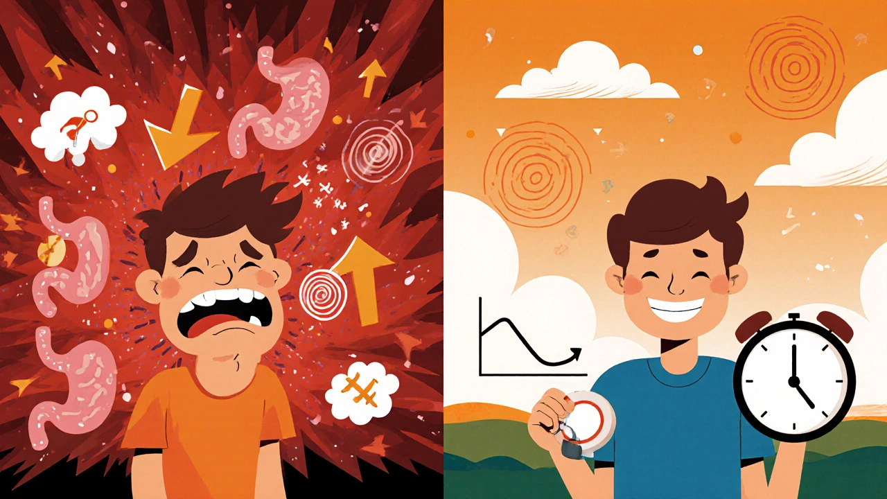 Split scene: person in distress transitioning to calm with time and pill, symbolic side effects fading.