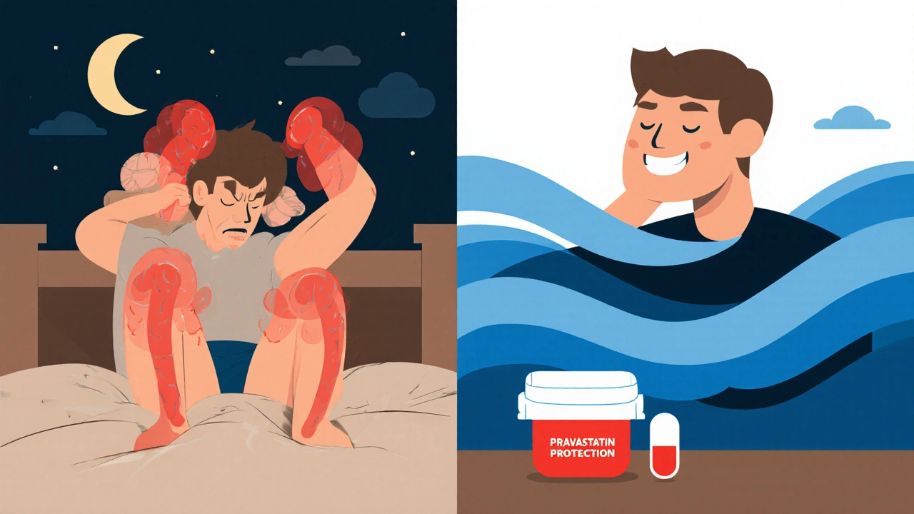 Split scene showing muscle pain versus peaceful sleep with different statins symbolized visually.
