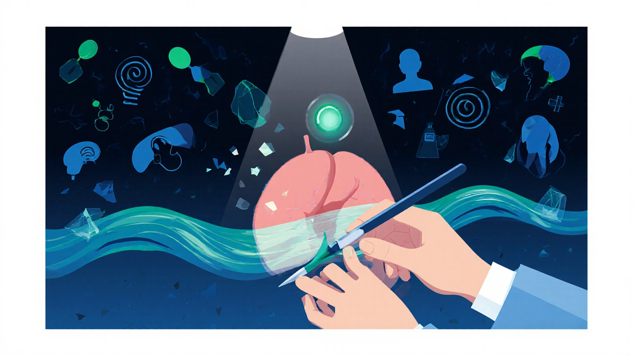 Surgeon removing a glowing tumor from an adrenal gland as misdiagnosis symbols crumble away.