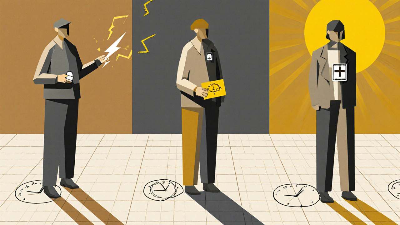 Three angina medication types represented by stylized figures with symbolic elements in Polish poster art.