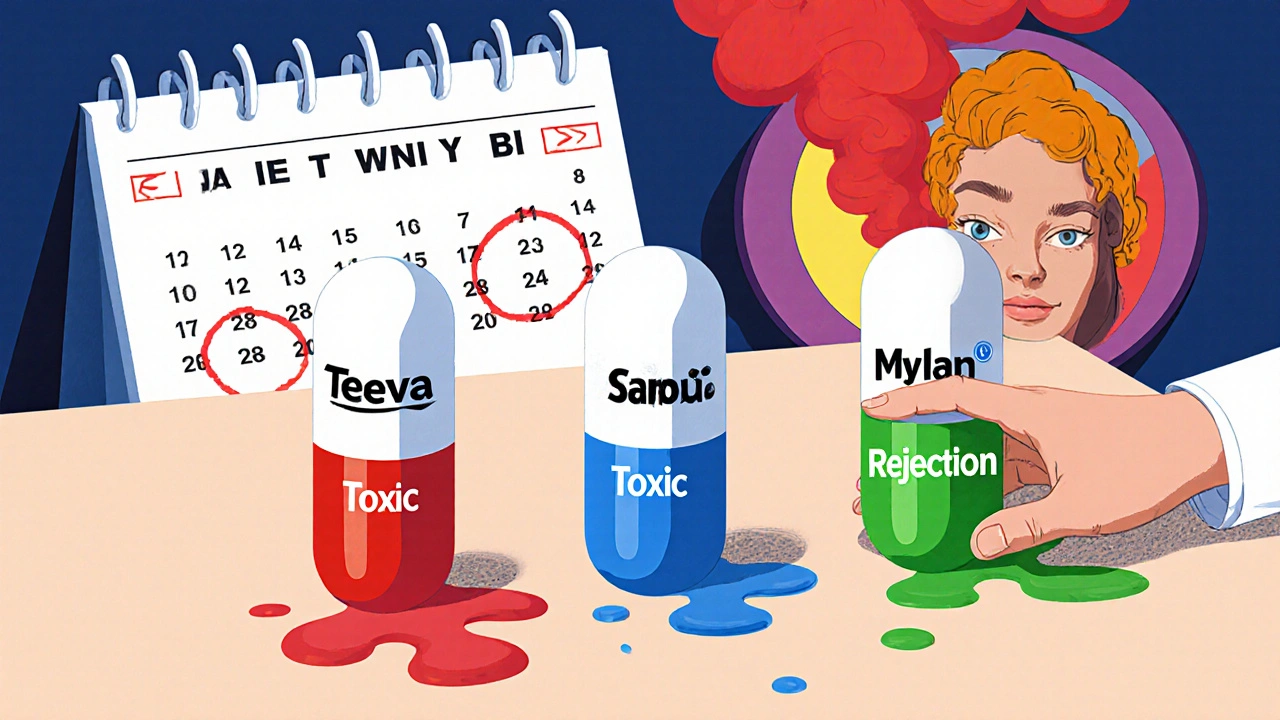 Three generic capsules at a pharmacy counter, one leaking toxic red, another causing rejection, with grapefruit smoke in background.