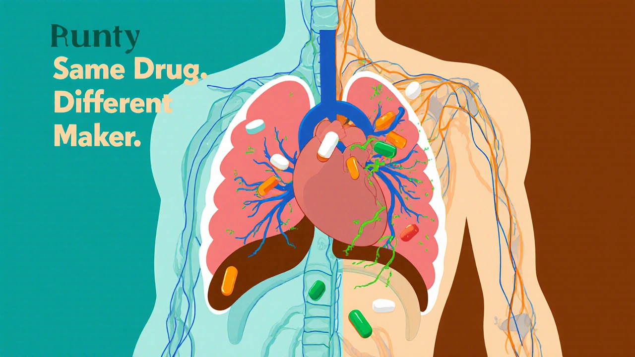 Transparent human torso showing different drug absorption streams from U.S. and Indian-made generics.