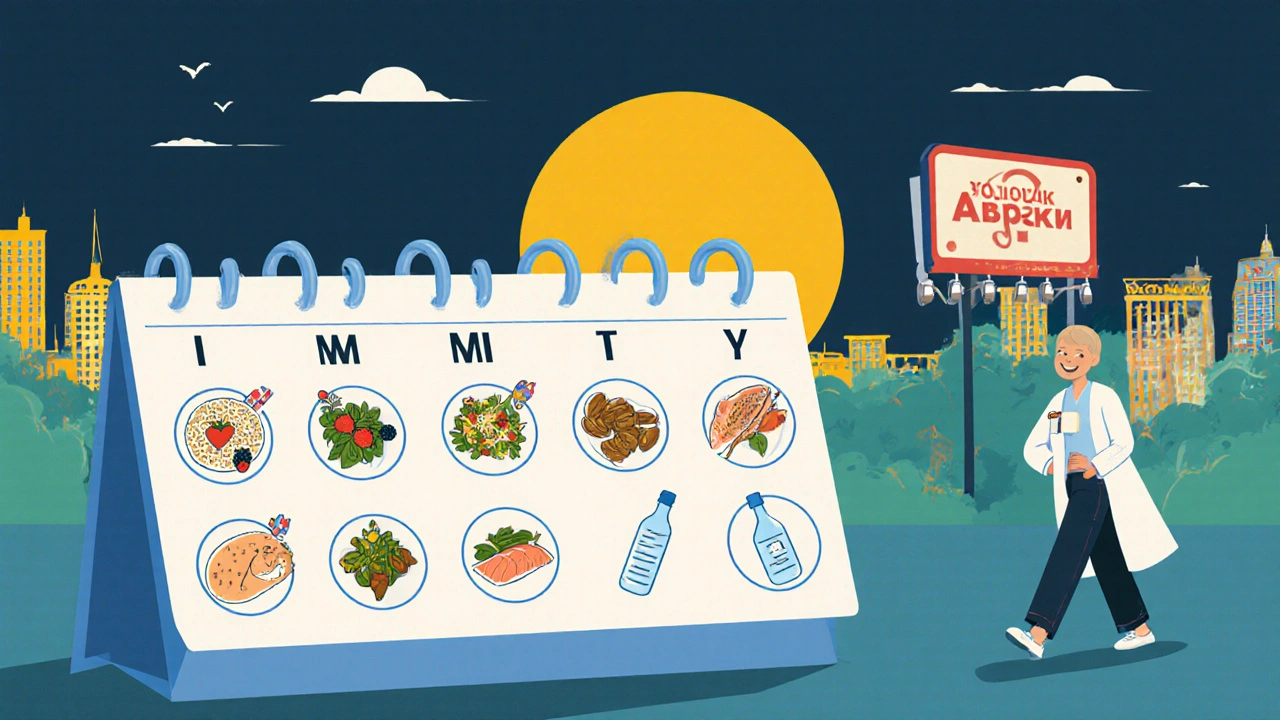 Weekly meal calendar with heart-healthy foods and a &#039;No Salt Added&#039; restaurant in the background.