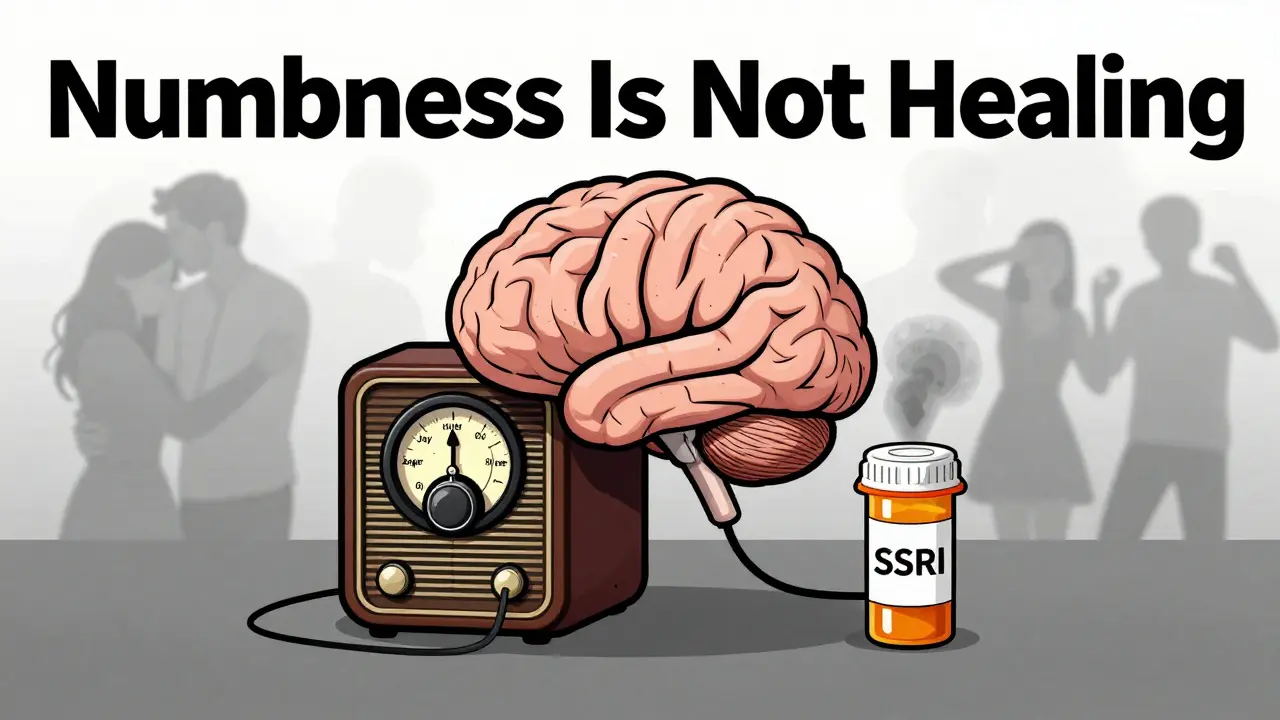 A brain as a radio with all emotion dials turned down, connected to an SSRI bottle emitting gray static.