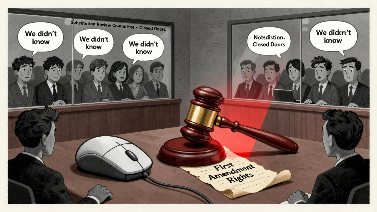 A courtroom with a computer mouse gavel crushing First Amendment rights, citizens blocked by a wall labeled 'Closed Doors'.