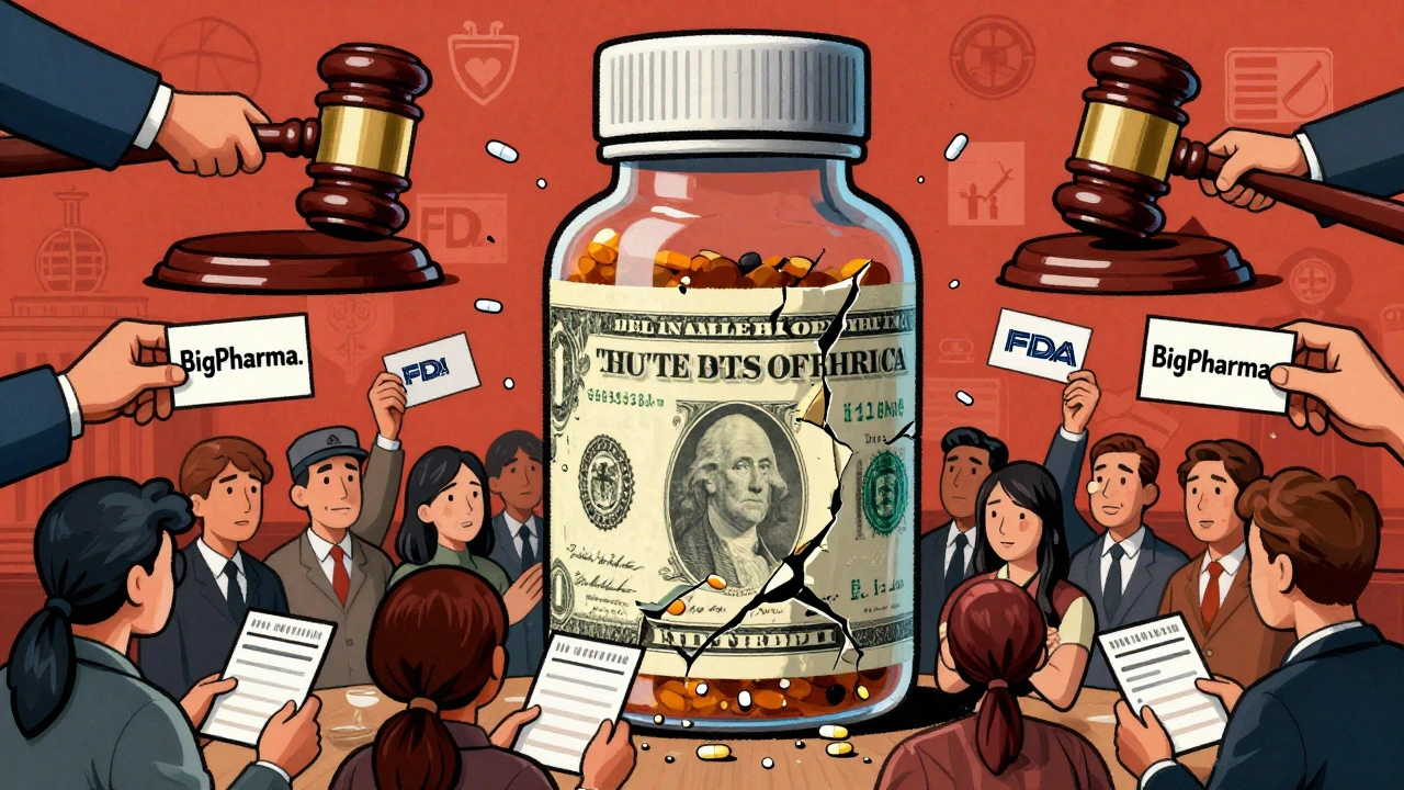 A crumbling drug bottle shaped like a dollar bill drains hope from patients, symbolizing corporate exploitation of the system.