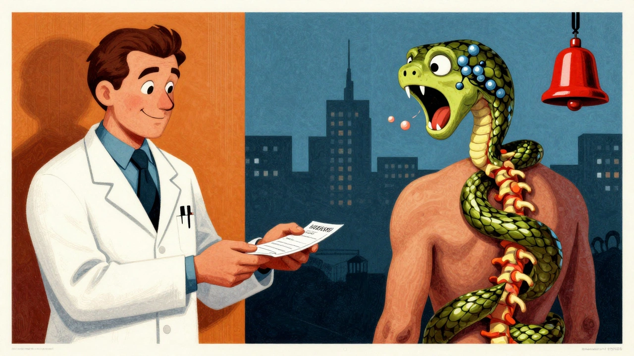 A doctor handing a prescription that turns into a serpent coiling around a patient, with a warning bell in the background.