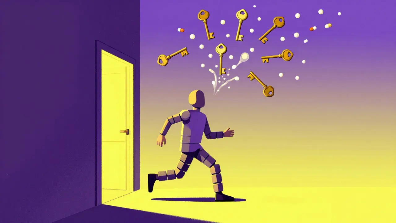 A figure frozen mid-step at a doorway, with levodopa pills turning into keys and dancing limbs above.