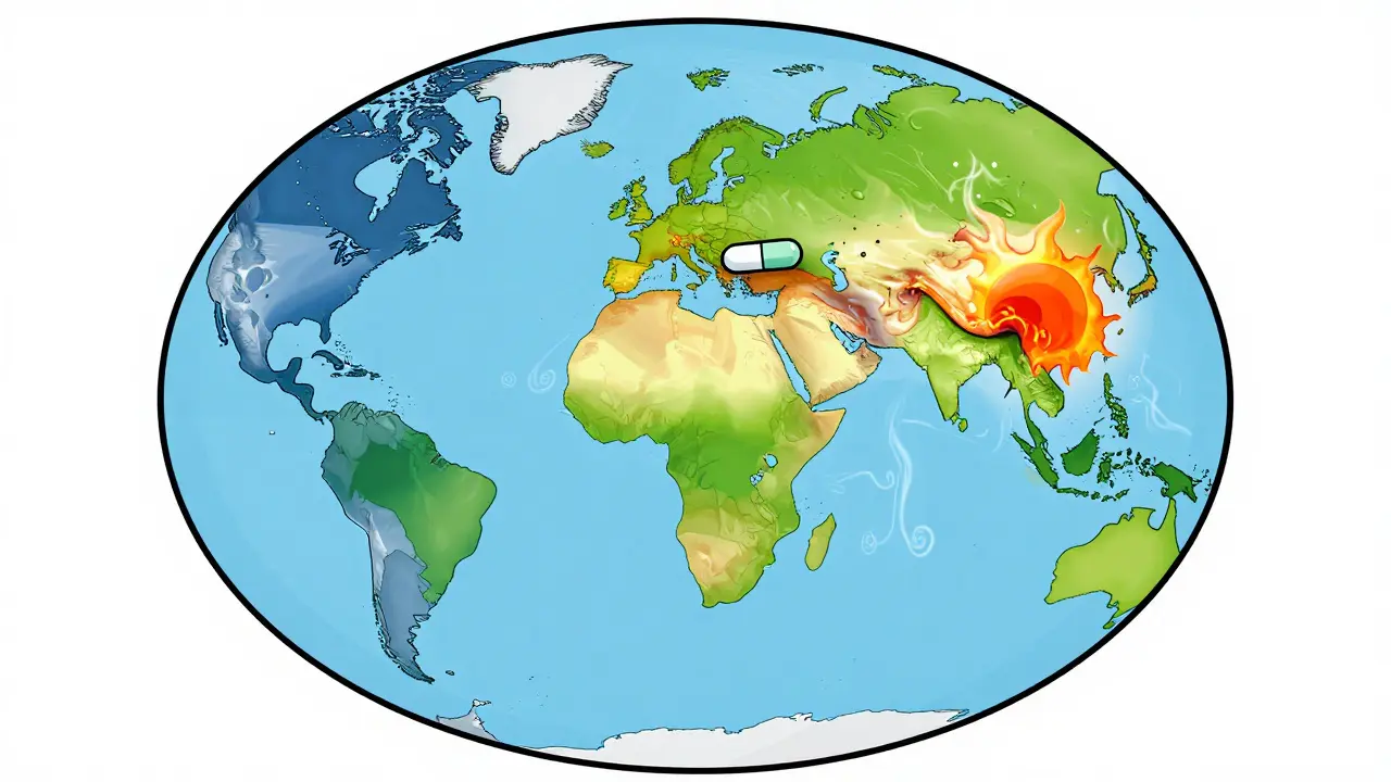 A globe displays climate zones as pills degrade differently when traveling from temperate to tropical regions.