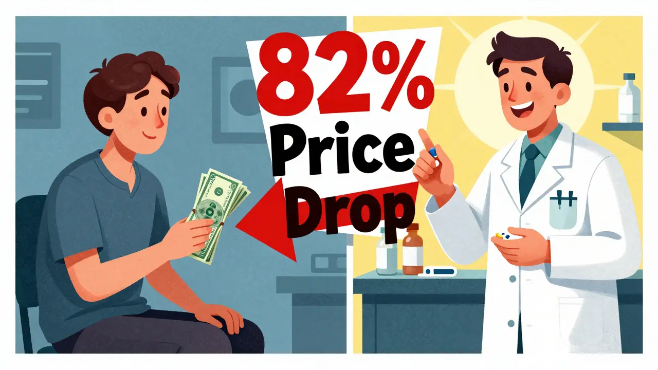 A patient's financial burden shifts from overwhelming cash payments to a simple generic pill in sunlight.