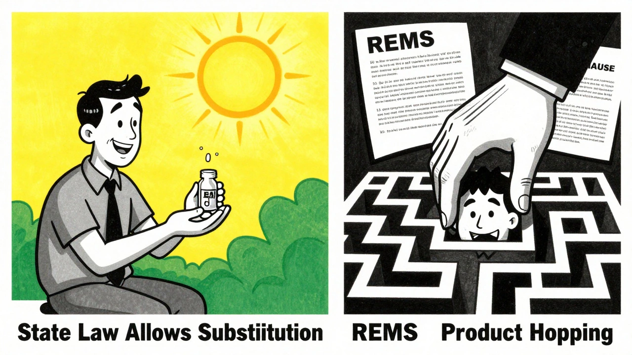 A patient caught between legal access to generics on one side and corporate barriers on the other, illustrated in stark contrast.