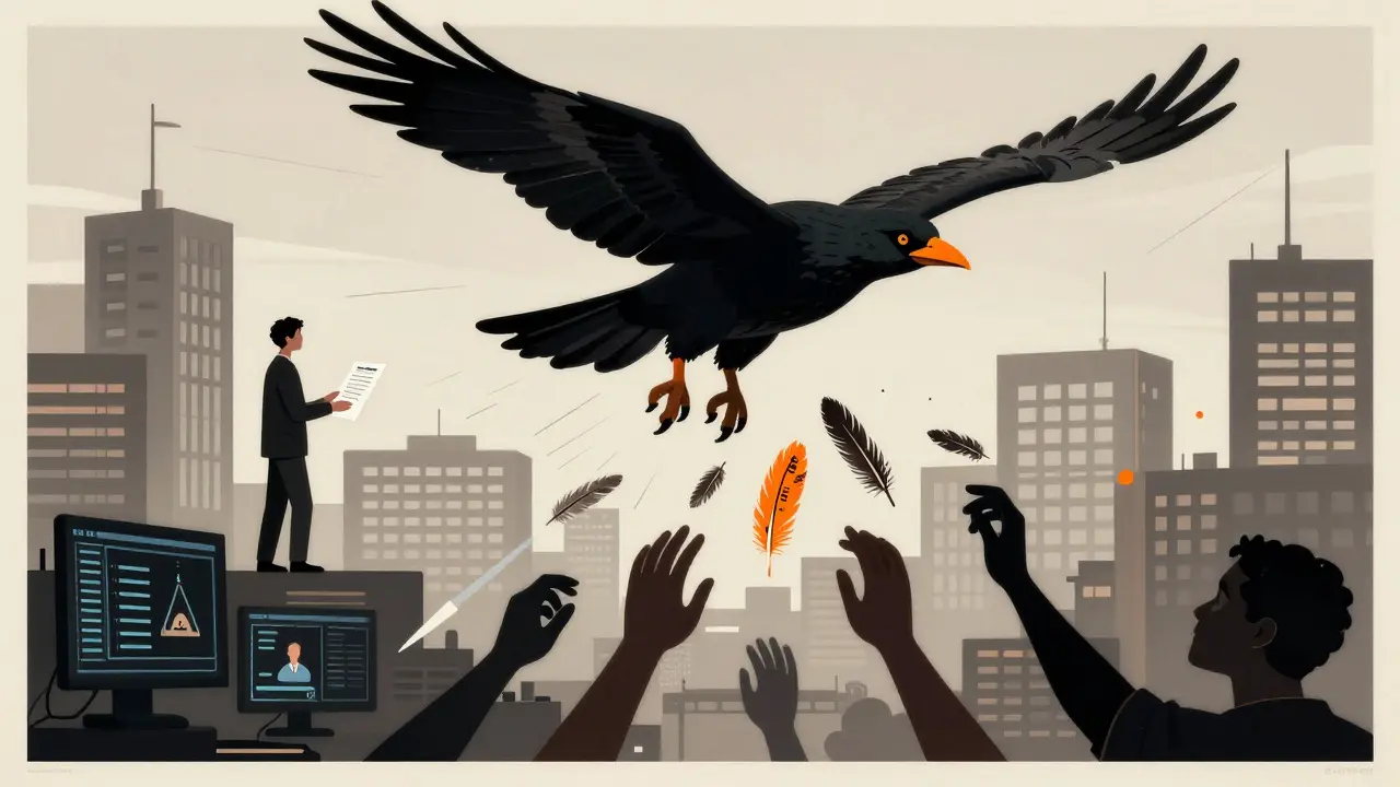 A patient’s report becomes a bird flying toward AI and human hands, symbolizing evolving drug safety monitoring.