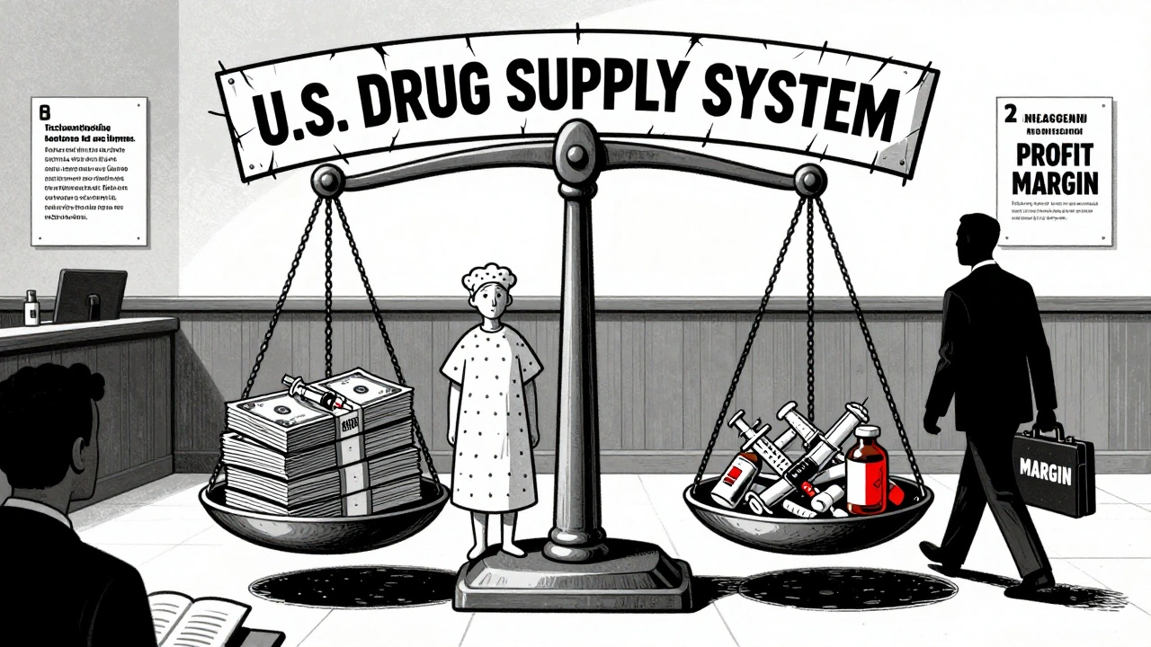 A patient stands before a scale weighing profit against broken medical supplies, symbolizing systemic drug shortage failures.