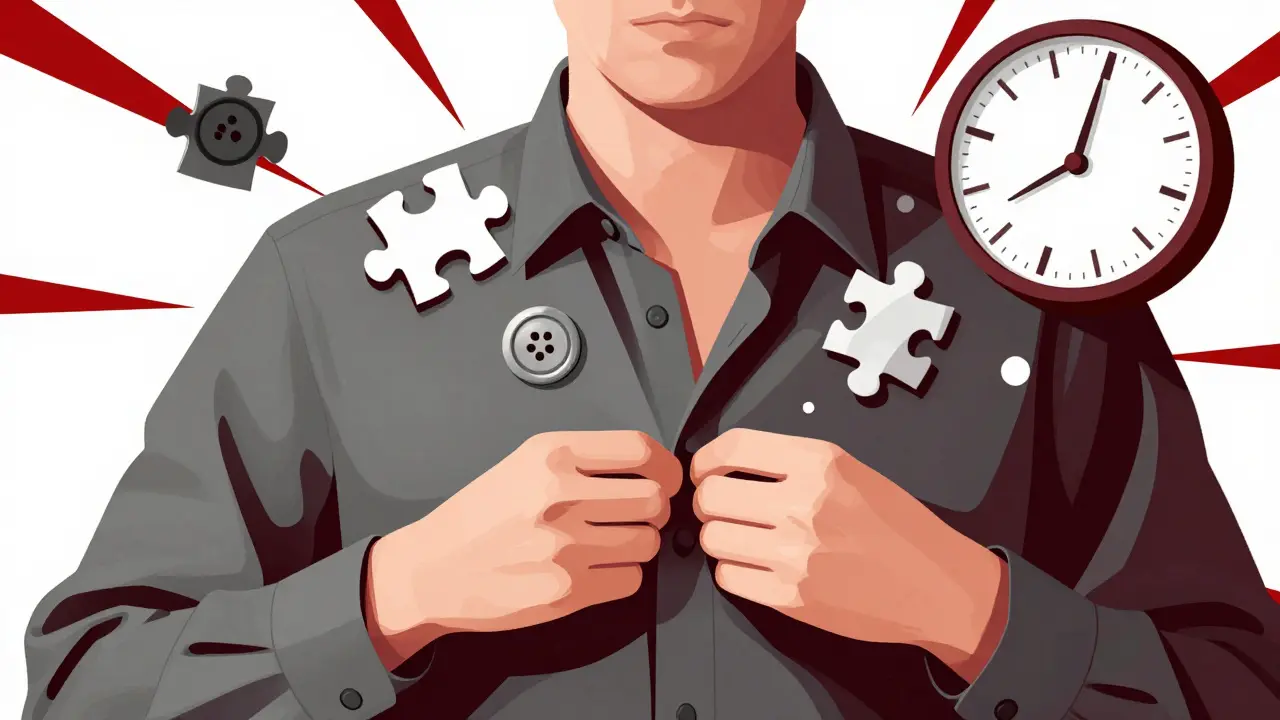 A person struggling to button a shirt, with distorted buttons and rigid red lines symbolizing movement difficulty.