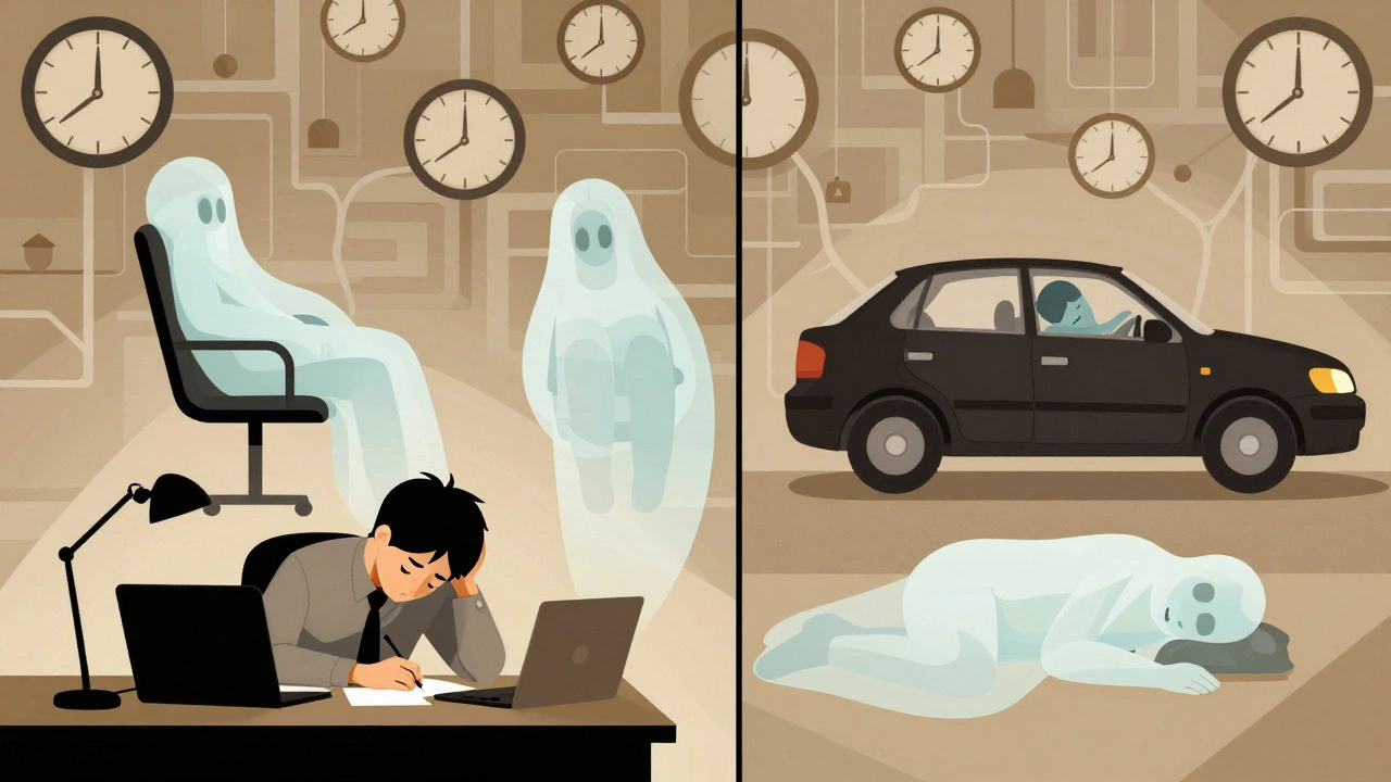 A person surrounded by ghostly napping versions of themselves in a foggy, clock-filled workspace.