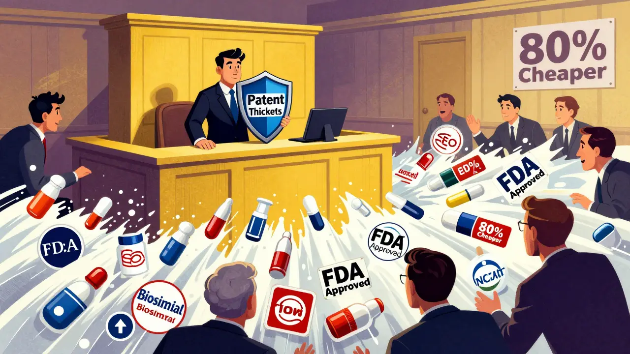 A pharmaceutical company's patent shield is overwhelmed by a wave of generic drug logos.