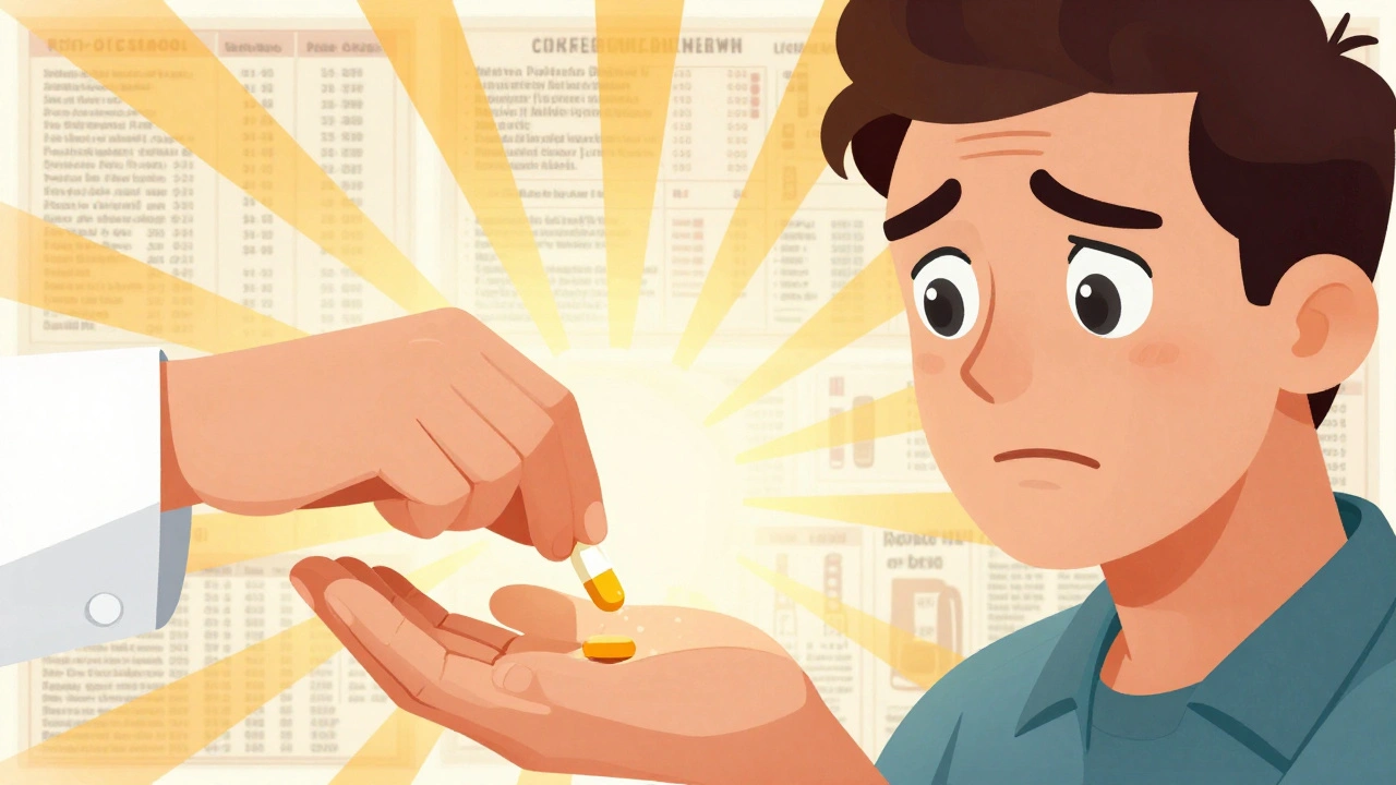 A pharmacist giving a generic pill that radiates light, symbolizing hidden effectiveness and trust.