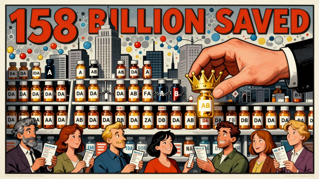 A pill bottle cityscape with glowing &#039;A&#039; ratings and barred &#039;B&#039; bottles, crowned by an FDA hand in poster art style.