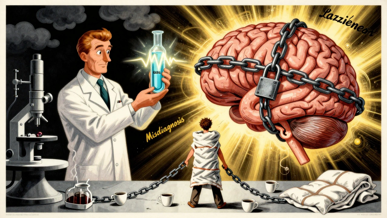 A scientist holds glowing fluid as a patient breaks free from chains labeled &#039;Misdiagnosis&#039; and &#039;Laziness&#039;.