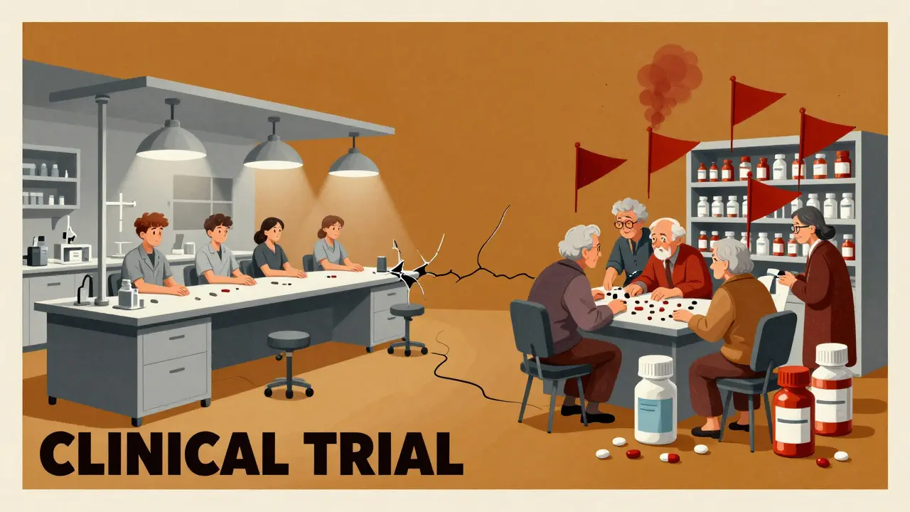 A split scene: sterile clinical trial vs chaotic real-world medication use, connected by a snapping thread of safety signals.