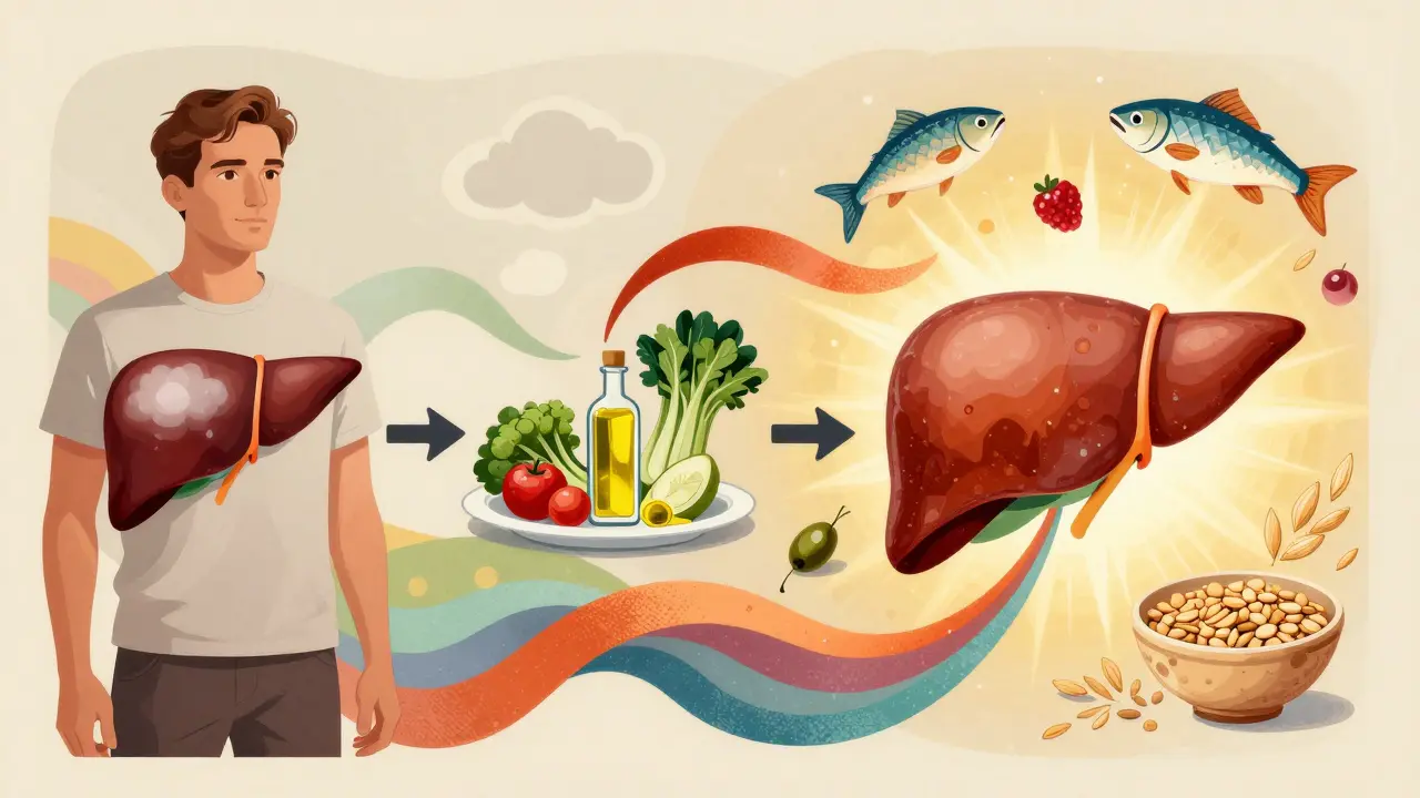 A timeline showing a liver healing through diet, with colorful food icons and abstract Polish poster design.