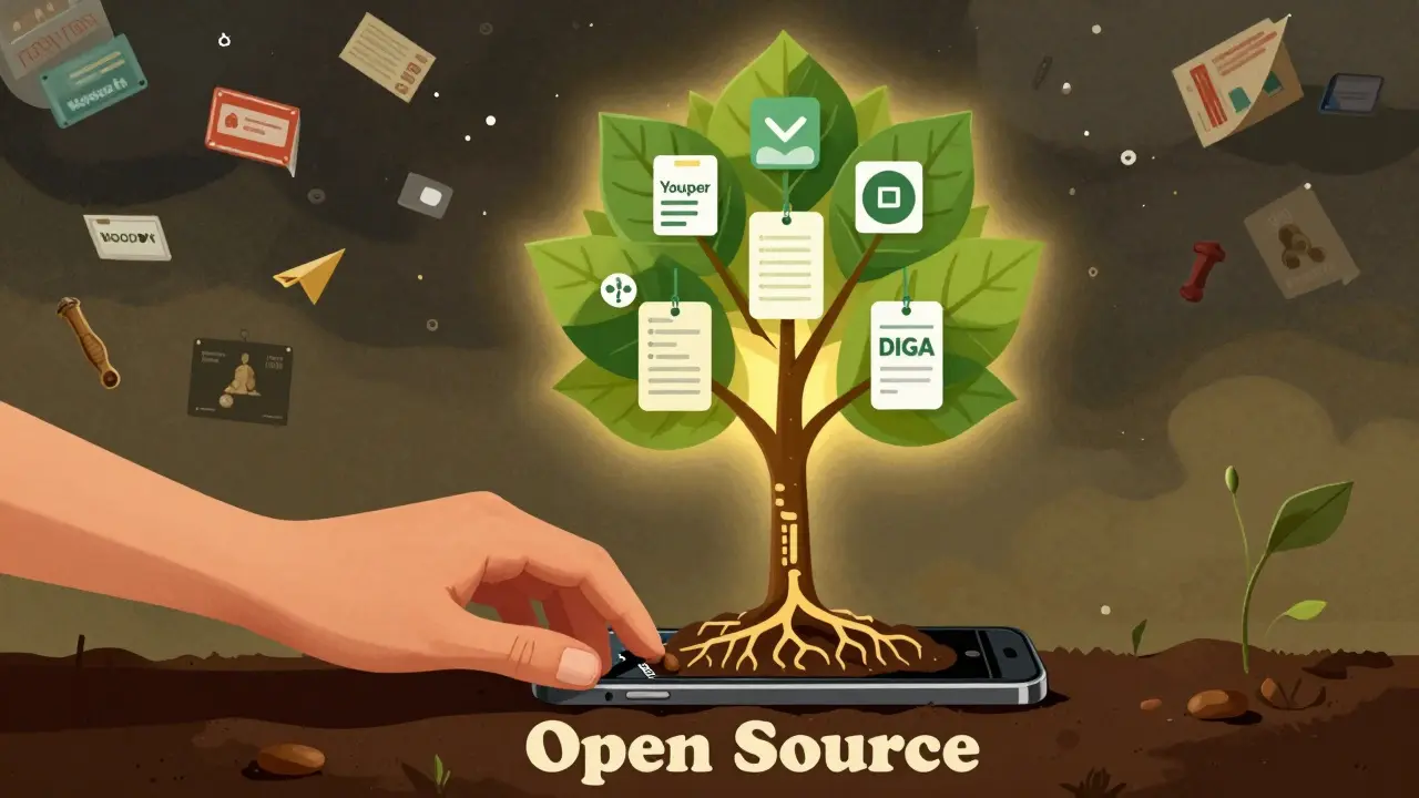 A tree growing from a phone with clinical app roots and encrypted data leaves under protective light.