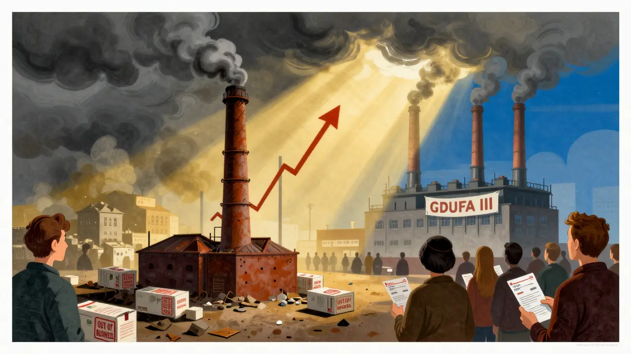 Abandoned drug factory with rising new factory and patients holding prescriptions in hopeful light.