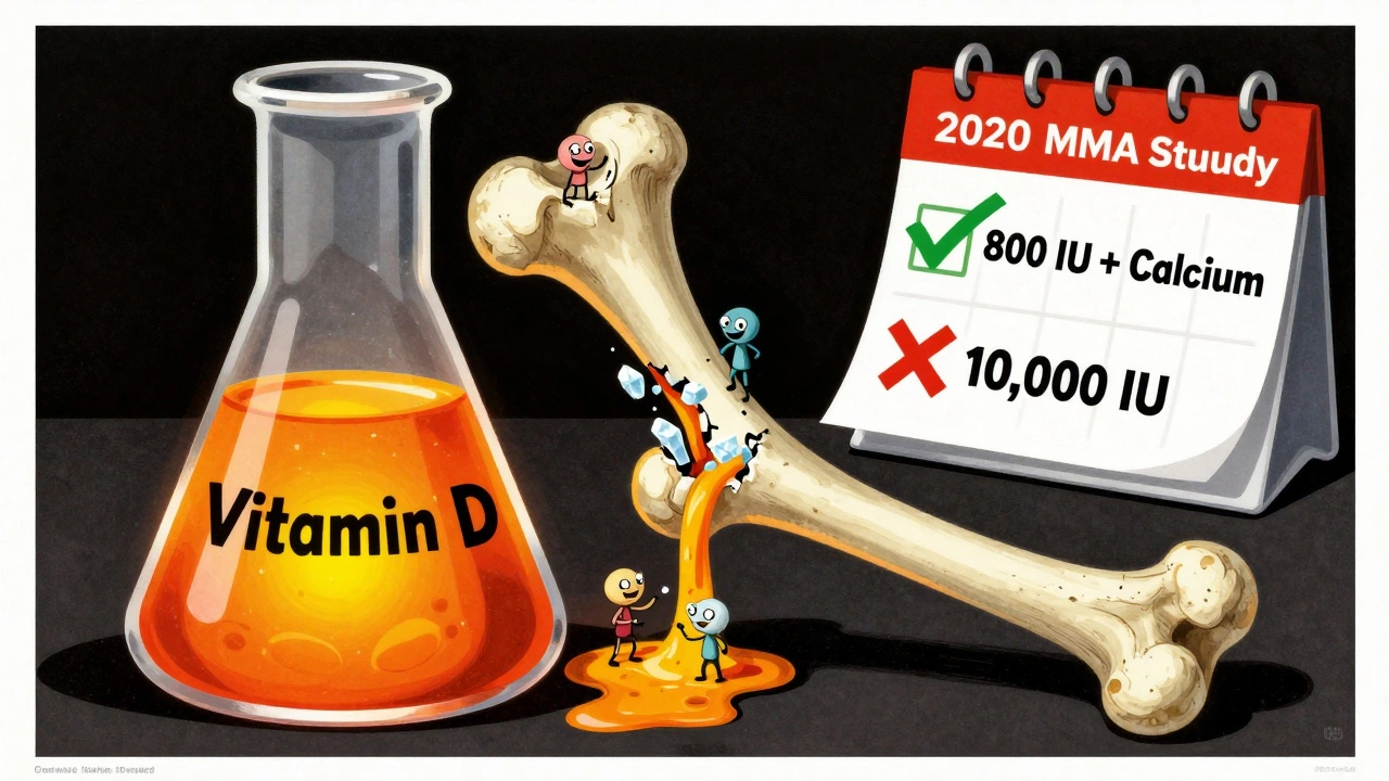 An overflowing vitamin D beaker causing bone fracture, with osteoclasts harvesting calcium.
