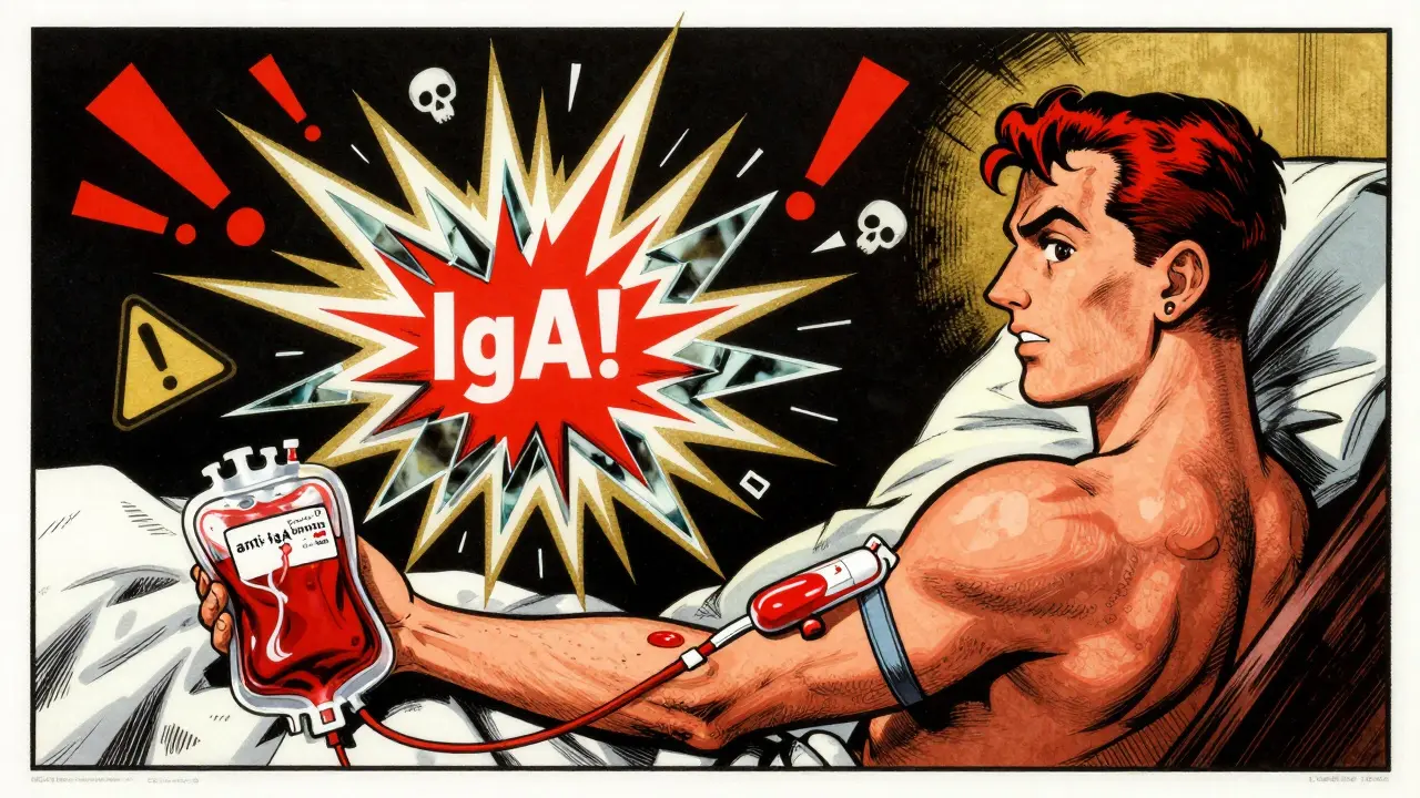 Blood transfusion causing explosive anti-IgA reaction with warning symbols surrounding the patient.