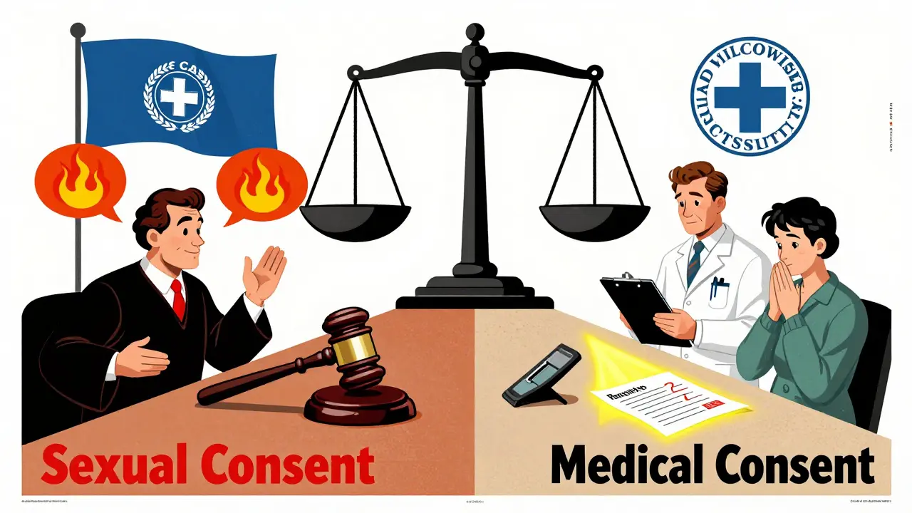 Courtroom scale balancing sexual and medical consent systems with symbolic icons.