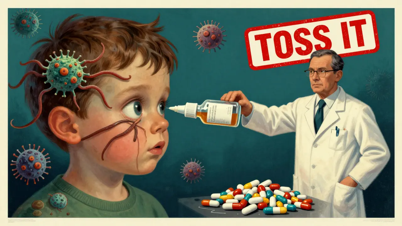 Eye drop bottle morphing into bacteria attacking an eye, with pharmacist holding 'TOSS IT' stamp.